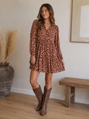 Umgee Rust Floral Tiered Long Sleeve Dress with Navy and White Accents